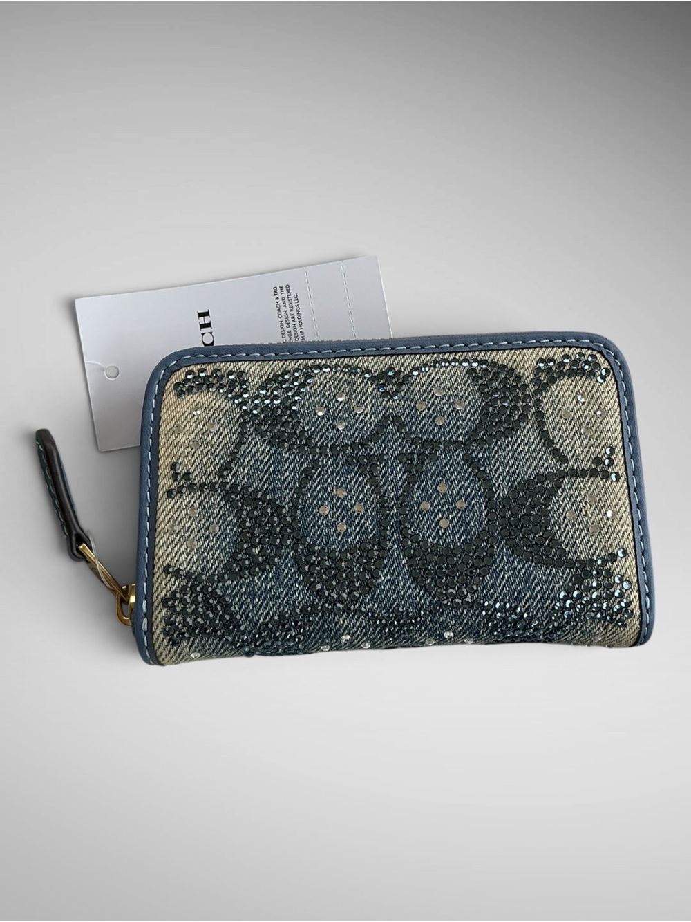 Coach Essential Small Zip Card Case Crystal Signature Denim NWT